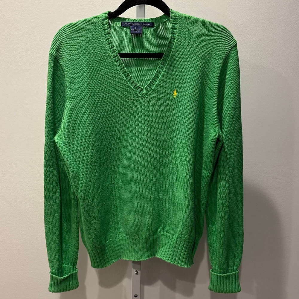 Vintage Ralph Lauren Sport Cotton‎ V-Neck Sweater Women Size S Oversized Knit